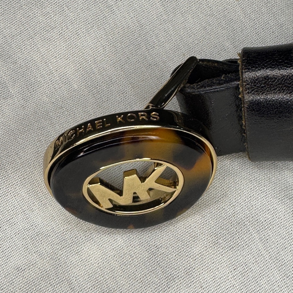 Michael Kors Black Leather Belt with Tortoise MK Logo Buckle - Picture 6 of 6